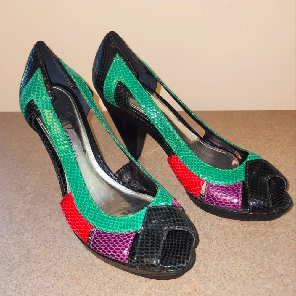 💚Vintage Vince Camuto Multi Color Faux Snakeskin Peep Toe Shoes Pumps💚